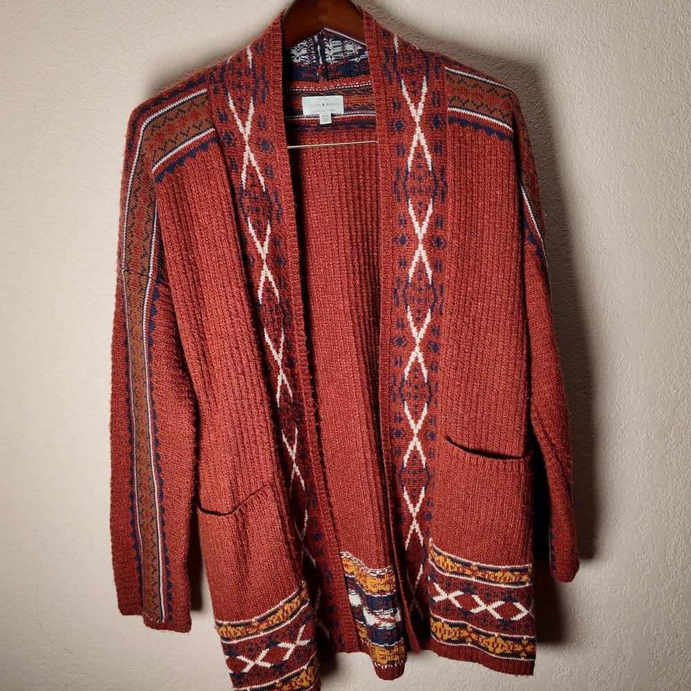 Lucky Brand Rust Aztec Southwest Boho Cardigan Sweater M‎